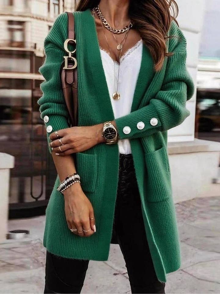 Three-Button Cuff Pocket Midi Knit Sweater Cardigan for wholesale by HIDDENBRAND