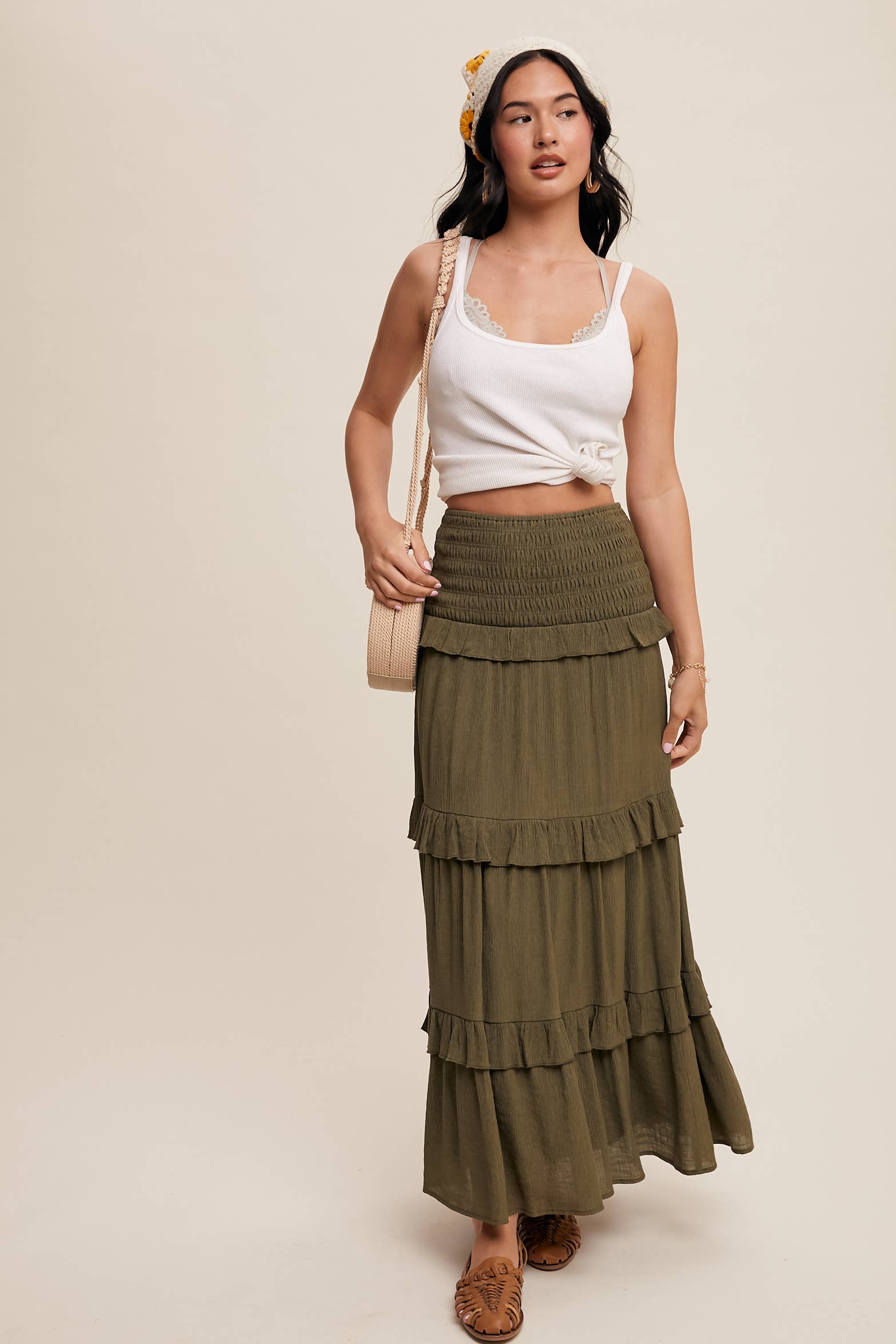 Listicle - Wholesale Skirt - Women's - 2-Way Smocked Ruffle Tiered Midi Dress or Skirt29