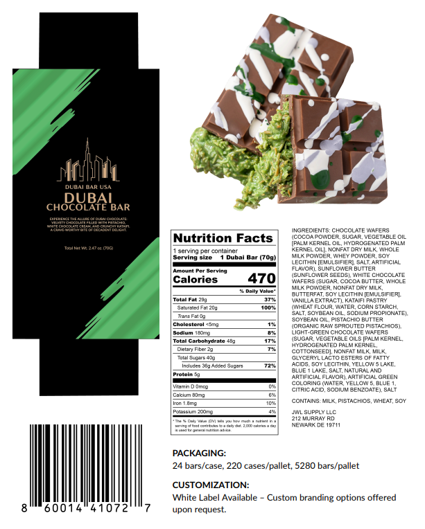 Dubai Bar USA - Wholesale Chocolate Bar - Dubai Chocolate Bar – Pistachio (Case of 40)3