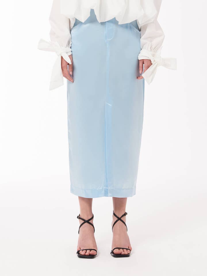 Satin Midi Skirt in Baby Blue for wholesale by SOUR FIGS LONDON