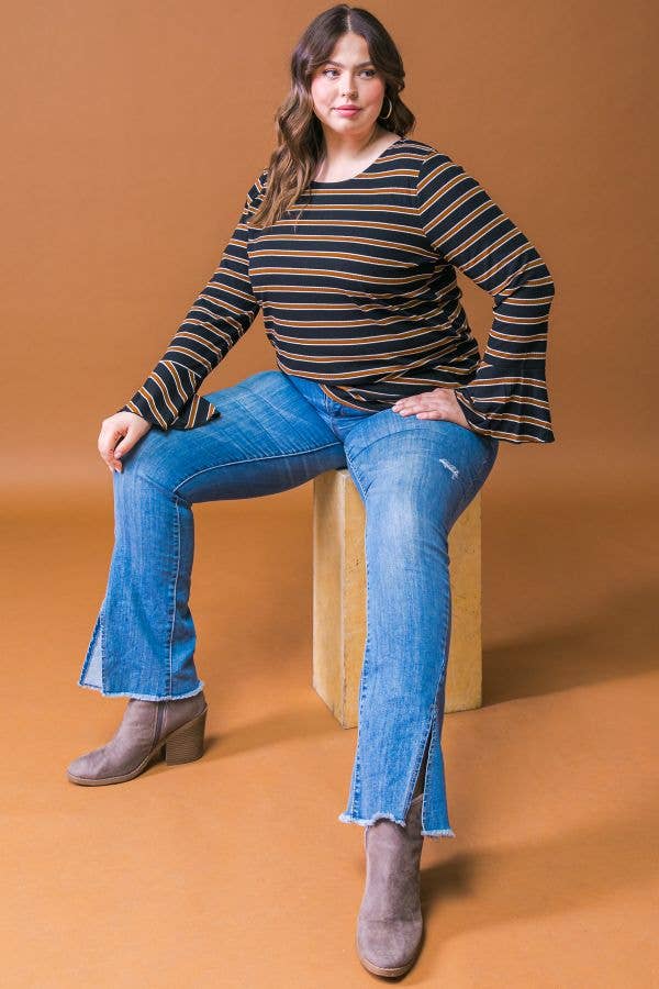 BLACK A PLUS SIZE STRIPE RUFFLE SLEEVE TOP-ATP1531-KN for wholesale on Faire4