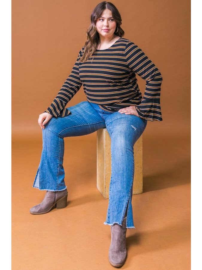 BLACK A PLUS SIZE STRIPE RUFFLE SLEEVE TOP-ATP1531-KN for wholesale on Faire4