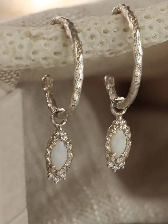 Textured 1 Inch Hoops with Opal and Diamond Concha Charm for wholesale by Lacee Alexandra Jewelry