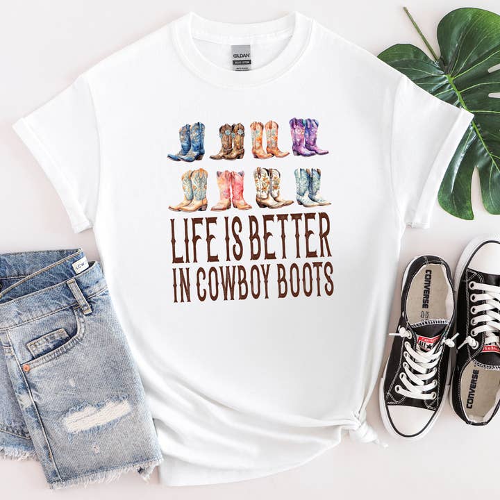 Life Is Better In Cowboy Boots Tee for wholesale by Redneck Roads Apparel