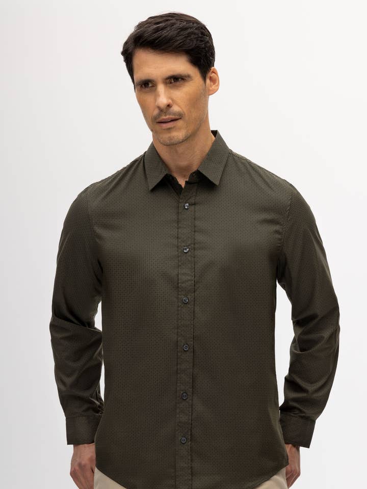 RYAN DARK OLIVE GEO SHIRT for wholesale by Julian & Mark
