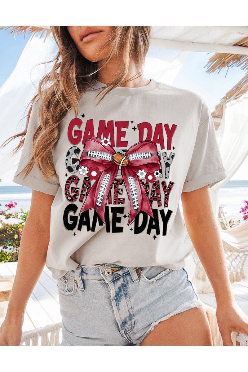COLORBEAR - Wholesale T-Shirt (Graphic) - Women's - Red Silver Football Game Day Bow Heavy Cotton Tee12