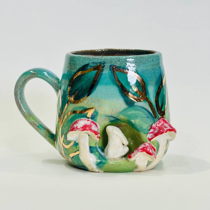 Carys Martin Ceramics - Wholesale Coffee Mug - Rabbit in the Grasses Mug (blue green)