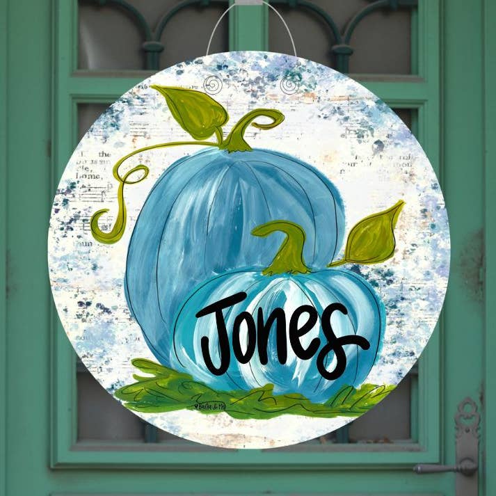 Personalized Blue Pumpkins Door Hanger for wholesale by Baxter & Me