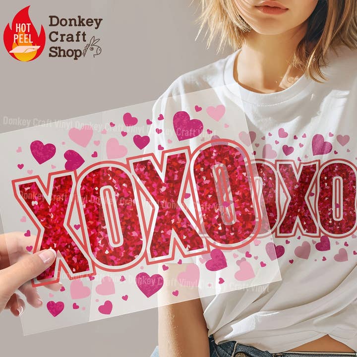 XOXO Glitter Hjerter DTF Overførsler, Klar til at presse for engroshandel hos Donkey Craft