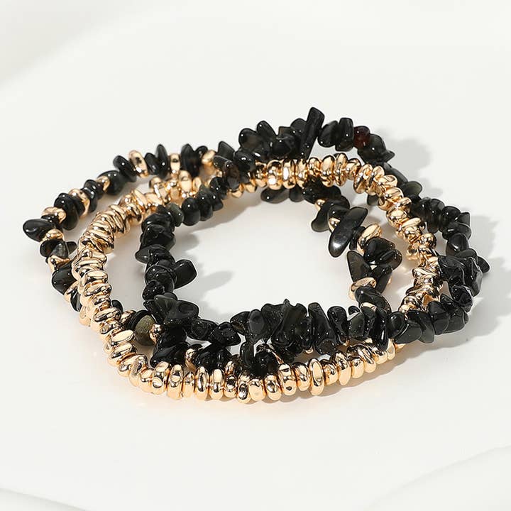 Sensibling Corp. - Wholesale Jewelry Set - 3PCS Natural Stone Metal Bead Stretch Multi Layered Bracelet