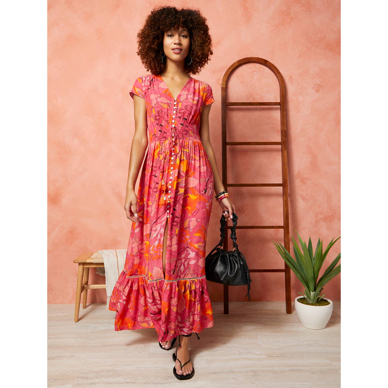 Pink Orange Aliya Button Front Maxi Dress for wholesale on Faire2