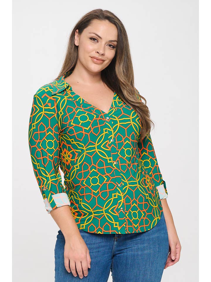 DNA Couture - Vendita all'ingrosso Camicetta - Donna - Blusa Taglie Forti con Bottoni - Stampa Astratta e Geometrica