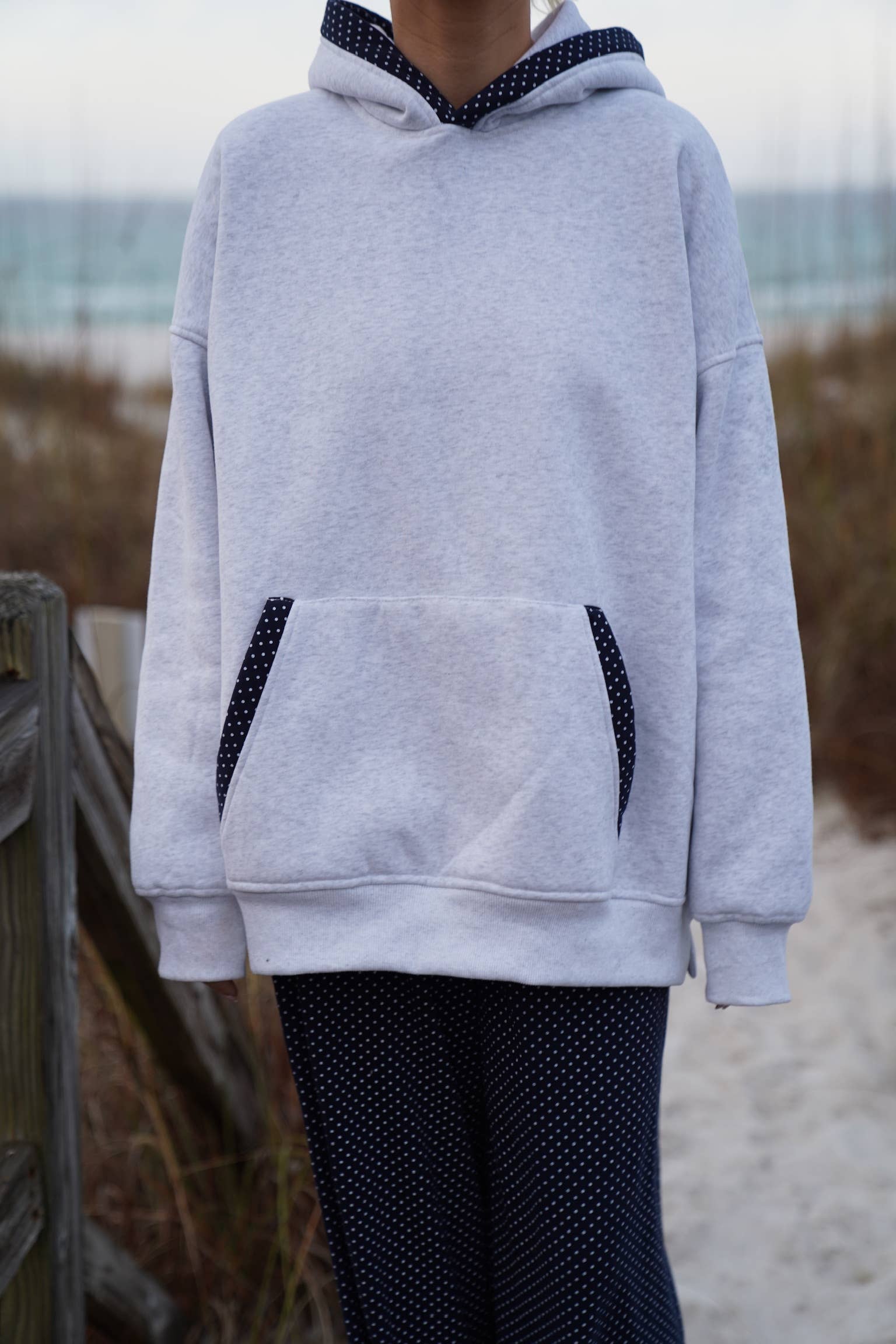 Sunkissed Coconut - Wholesale Hoodie - Women's - Pearl Grey Navy Blue Polka Dot Hoodie19