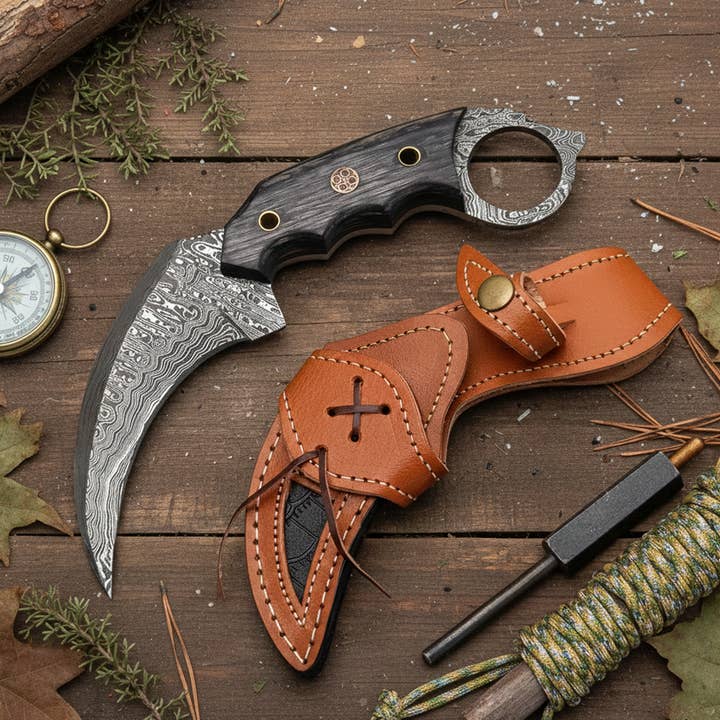 7.5' Handmade damascus steel knife with leather sheath for wholesale by FH KNIVES