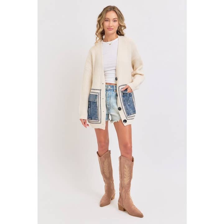 IVORY Knit Sweater Cardigan with Denim Pockets for wholesale on Faire8