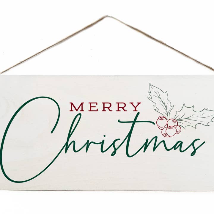 Merry Christmas Holly Door Hang Wooden Sign for wholesale by Second Nature by Hand