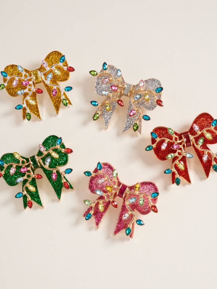 Christmas Glitter Bow Ribbon w Lights Brooch Pin for wholesale by Designature New York