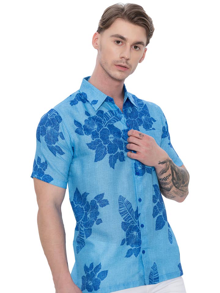 HAPPY BAY Linen Effect Mens Shirts Blue Floral Leafs P00423 for wholesale by LA LEELA \ HAPPY BAY