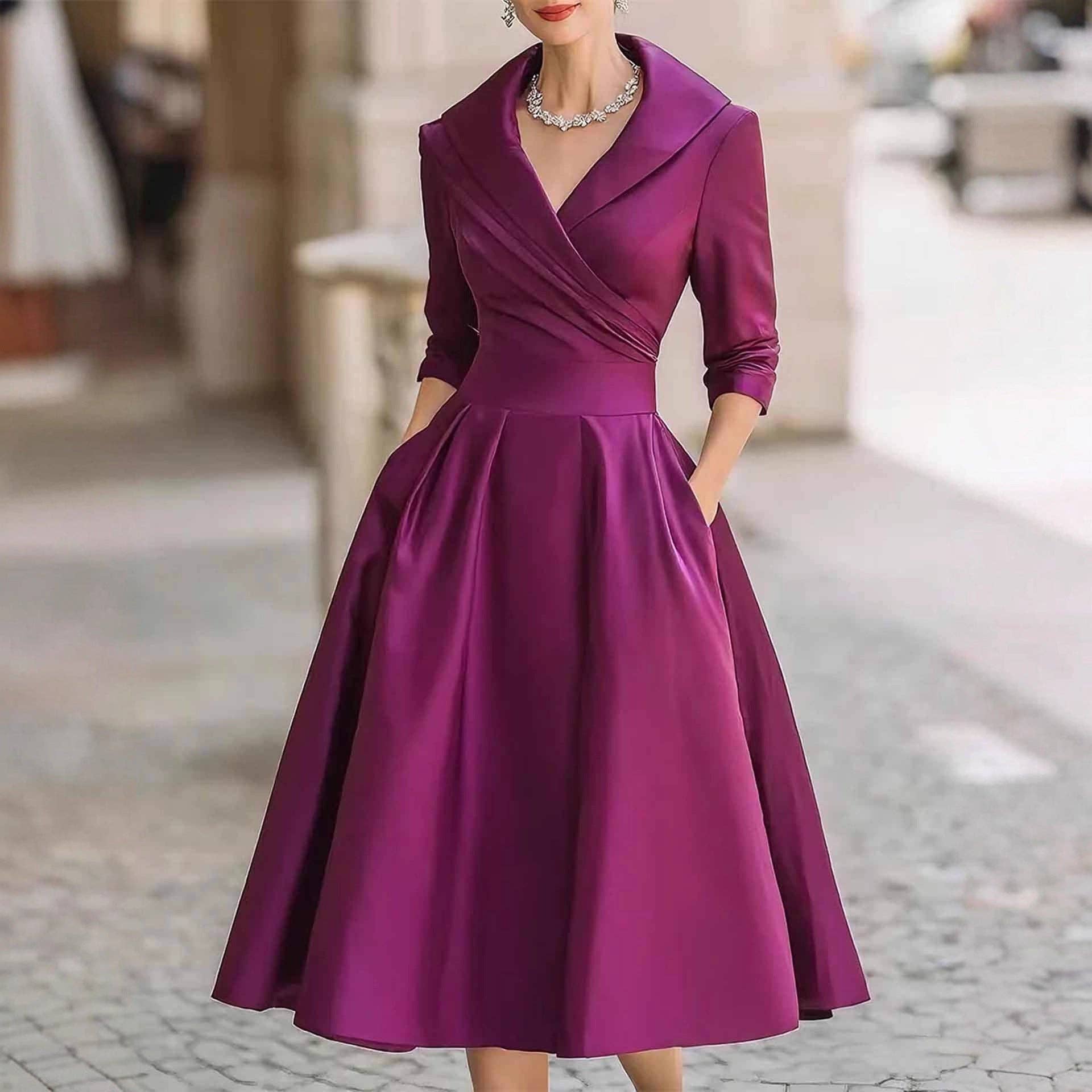 EmberLoom - Wholesale Dress - Women's - Women's Belted Satin V Neck Long Sleeve Midi Dress7