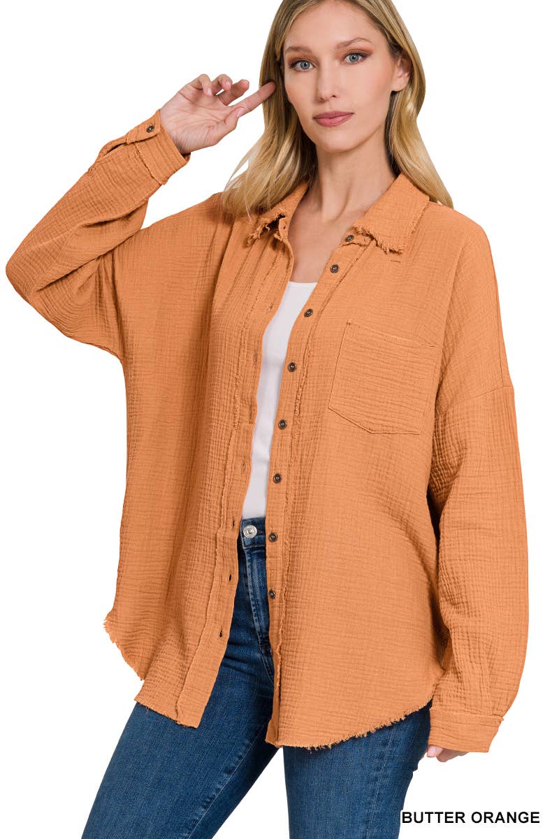 42POPS - Wholesale Button Down Shirt - Women's - `.Oversized Raw Edge Shirt W/ Back Patch46