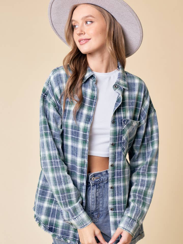 FRAYED PLAID SHIRT - 43360T for wholesale by Doe and Rae