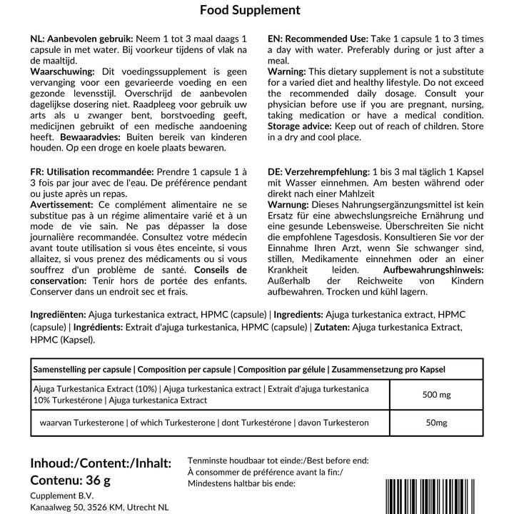 Cupplement – wholesale Oral supplement/vitamin – Turkesterone 10% Extract - 60 Capsules- Highest Quality