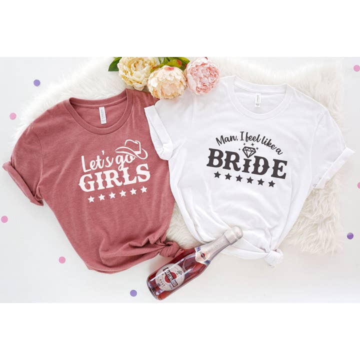 Chemises d'enterrement de vie de jeune fille sur le thème de la campagne pour la mariée et les invités pour la vente par Stiles Tee Co.