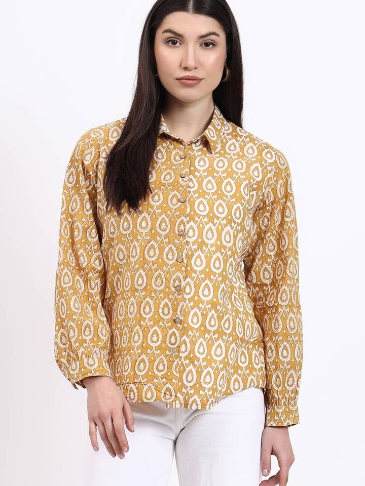 Hi Handmade - Wholesale Button Down Shirt - Women's - Panel Shirt - Mustard