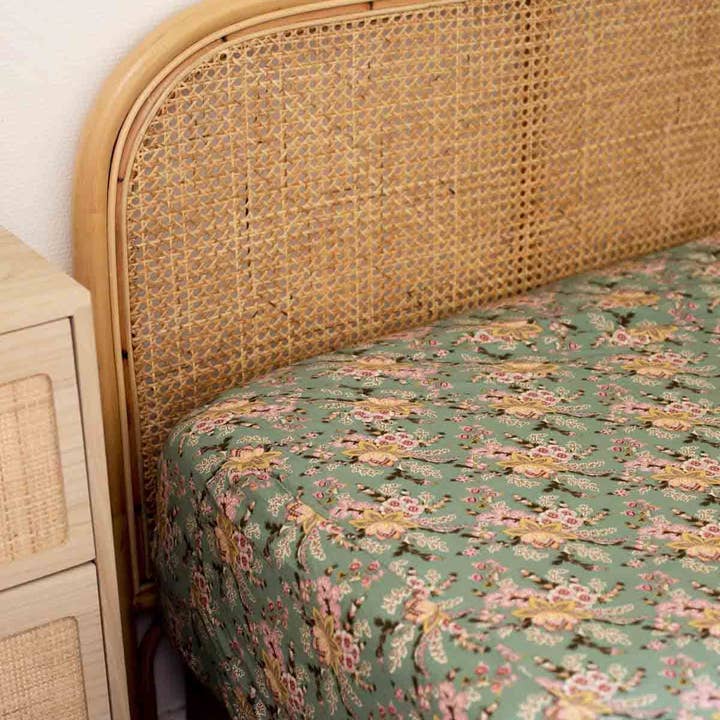 blue Nicole fitted sheet - Bed linen - flowers - turquoise for wholesale on Faire1