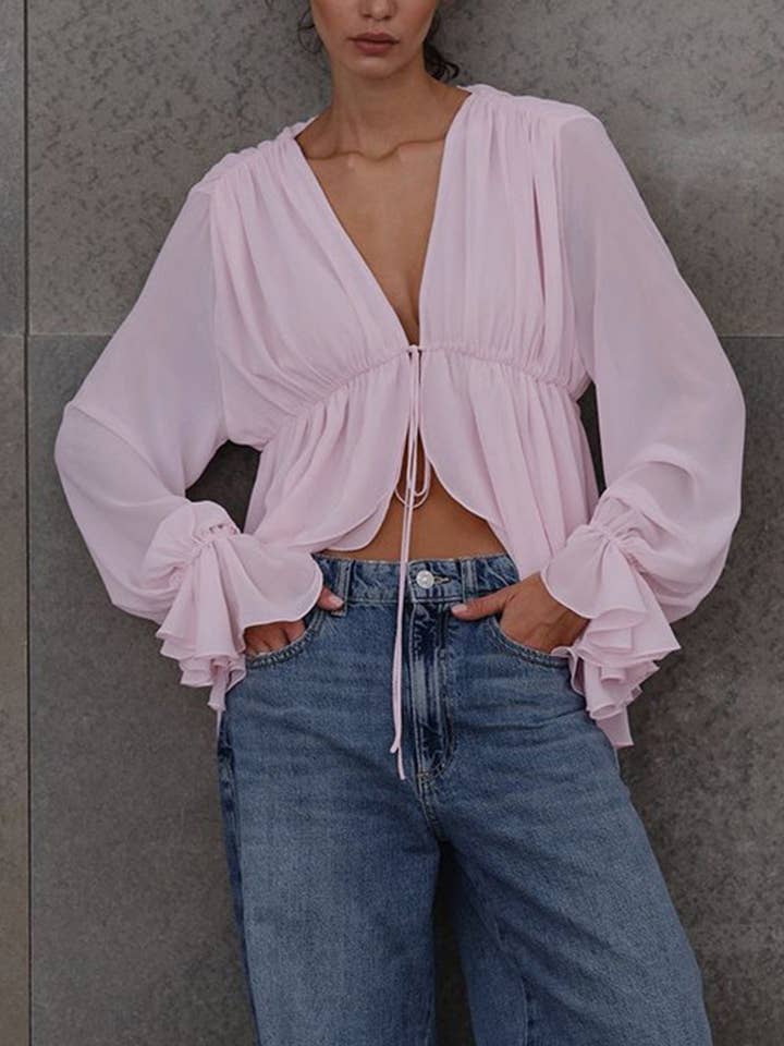 PINK Ruffled Front Tie V-Neck Blouse for wholesale on Faire0