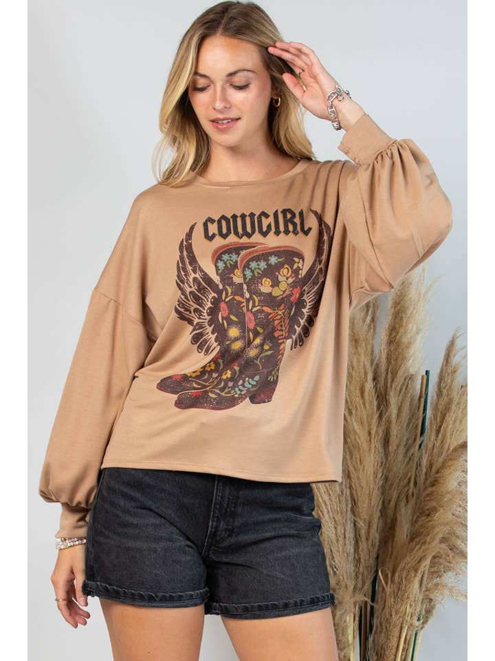 Mocha AV1171-ALEX COWGIRL BOOTS GRAPHIC SWEATSHIRT for wholesale on Faire1