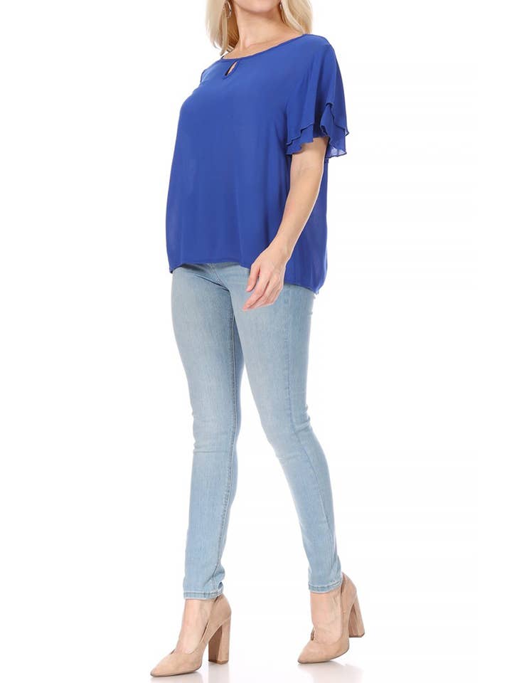 MOA COLLECTION - Wholesale Blouse - Women's - Casual Solid Flowy Short Flutter Sleeve Key Hole Blouse27