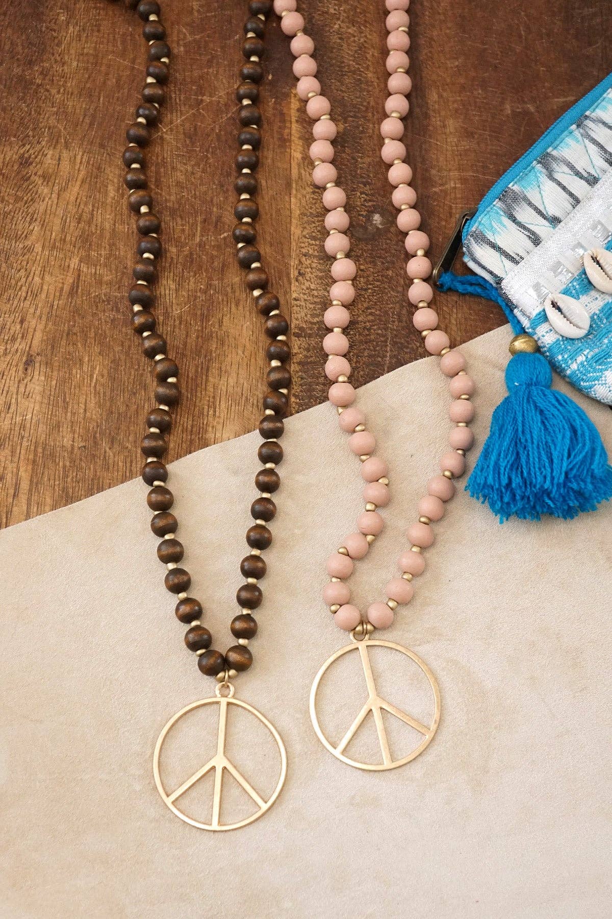 PennyLine inc - Wholesale Pendant/Charm Necklace - Long Wood Bead Necklace with golden peace sign pendant - Brown3