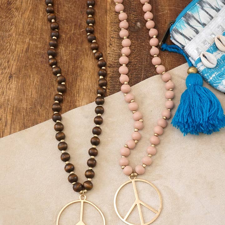 PennyLine inc - Wholesale Pendant/Charm Necklace - Long Wood Bead Necklace with golden peace sign pendant - Brown3
