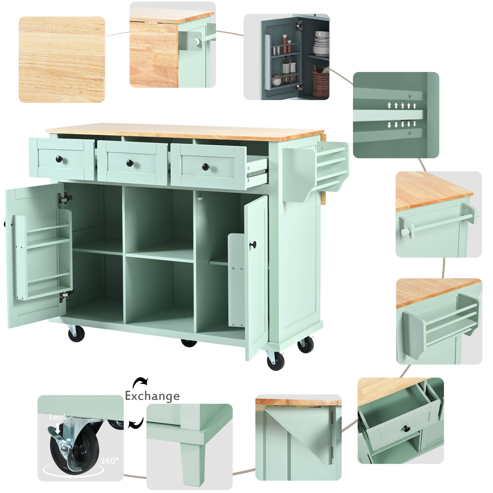 HOMYCASA DESIGN INC - Wholesale Kitchen Storage/Organizer - Mint Green Rolling Work Cart & Drop Leaf Adjustable Storage7