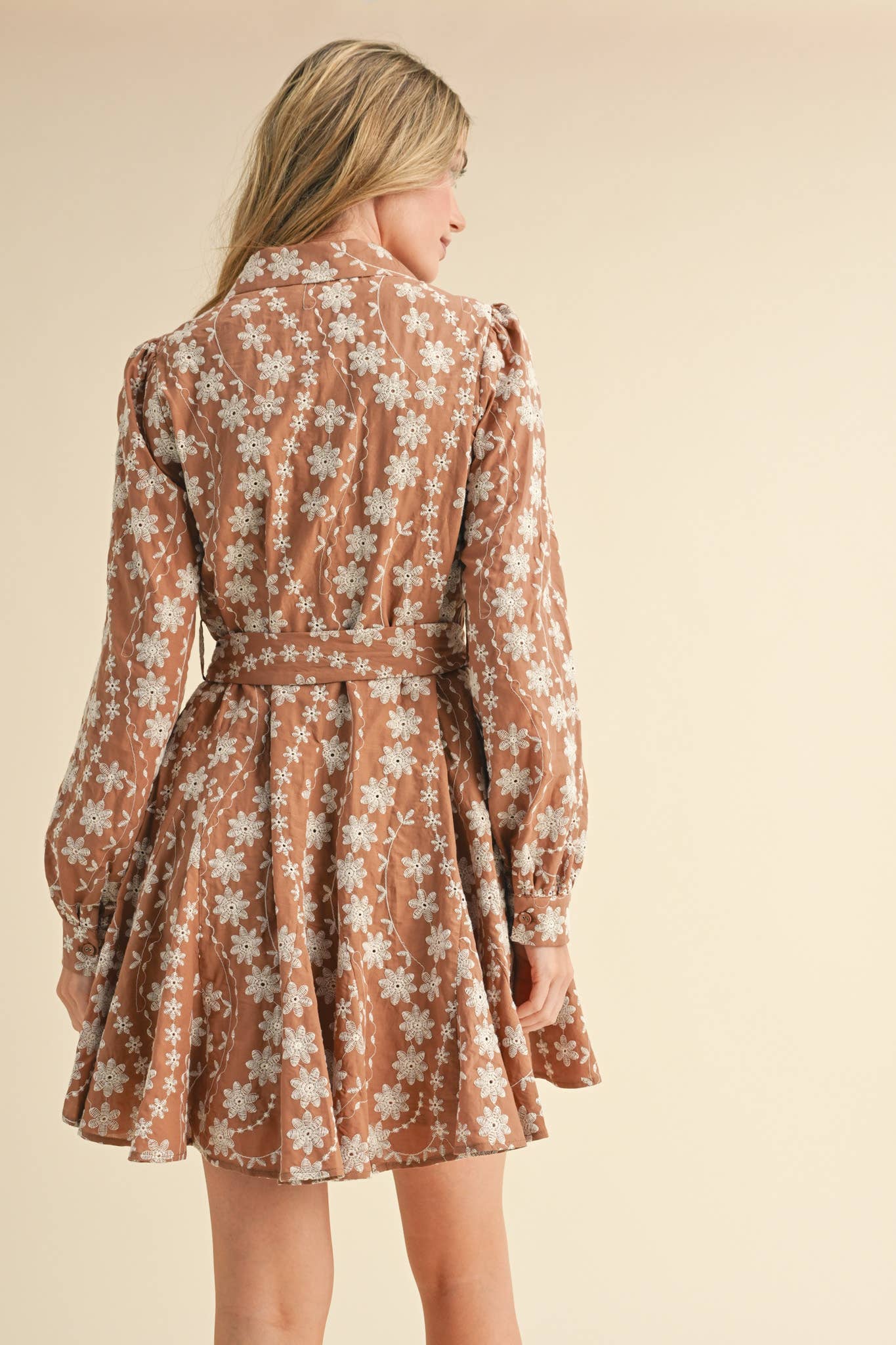 &MERCI - Wholesale Dress - Women's - FLORAL EMBROIDERY BUTTON DOWN FLARED MINI DRESS MDR34277