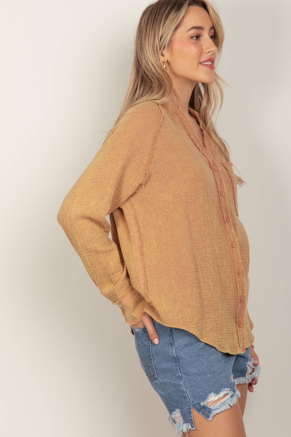 VERY J - Wholesale Button Down Shirt - Women's - NT11350-Oversized Washed Woven Crinkled Gauze Shirt Top16