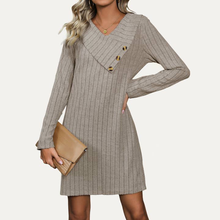 Comfort Textured Knit V-Neck Long Sleeve Mini Dress for wholesale by The Moment Collection