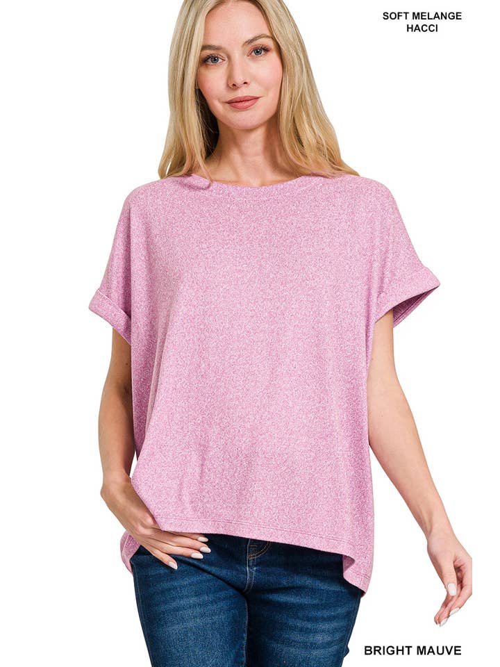 42POPS - Wholesale Knit Top - Women's - ", Soft Melange Folded Sleeve Round Neck Top
