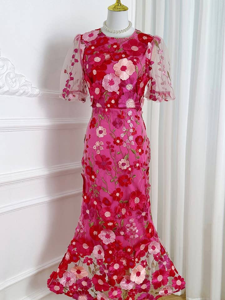 Sanyao Fashion - Wholesale Dress - Women's - SY474 3D Floral Embroidered Puff Sleeve Fishtail Skirt14