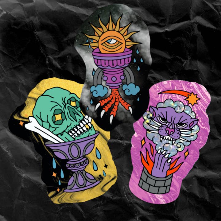 Mystieke Traditionele Tattoo Vinyl Sticker Sampler (Set van 3) voor wholesale door Cosmic Butcher