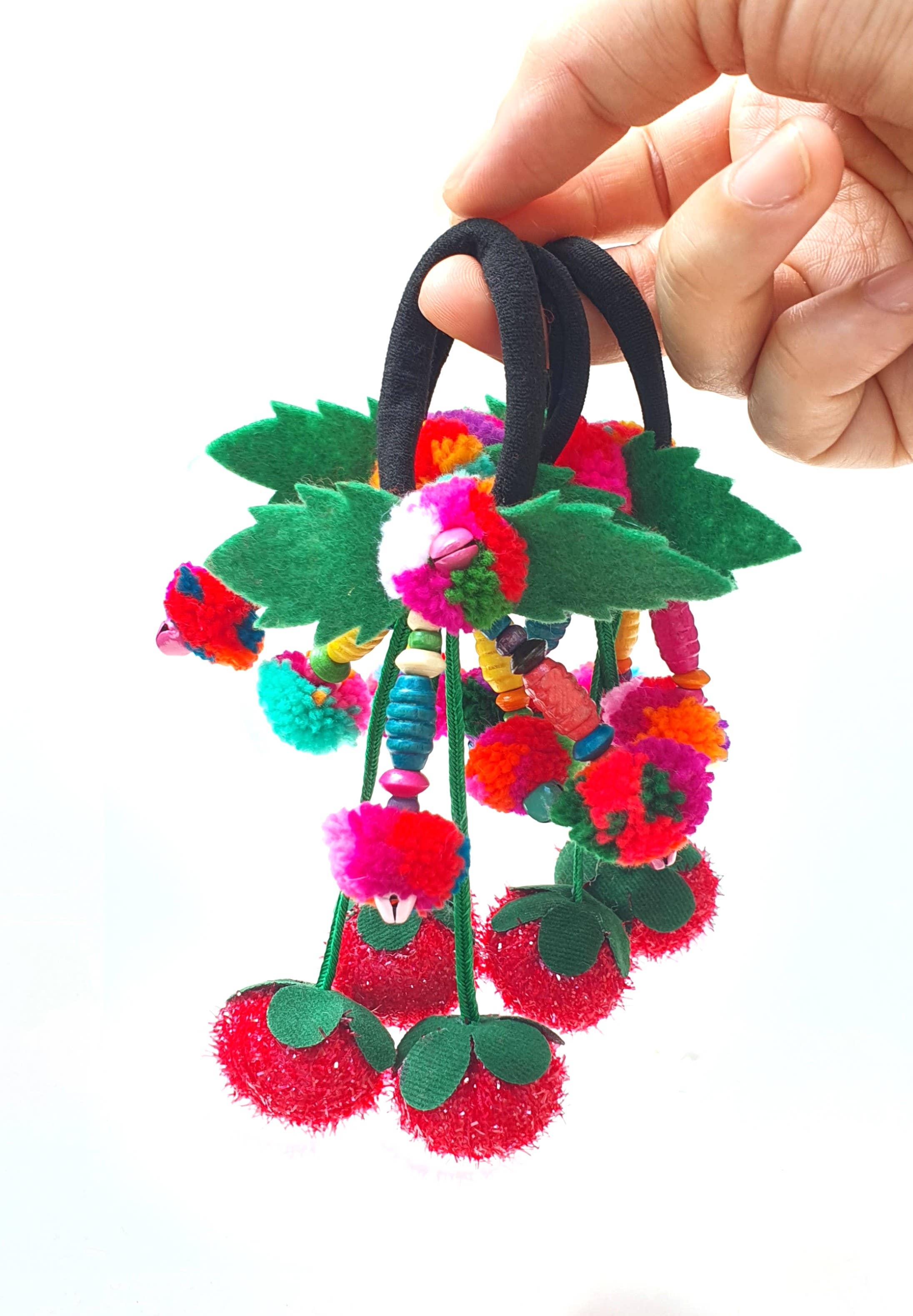 Beige & Co Thai Crafts - Wholesale Hair Tie - Cherry Pom Pom Hair Tie Boho Style0