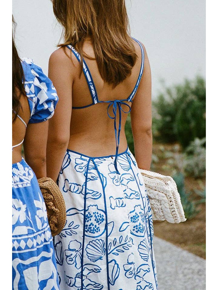 White Marine Organism Pattern Backless Plunge Maxi Dress for wholesale on Faire