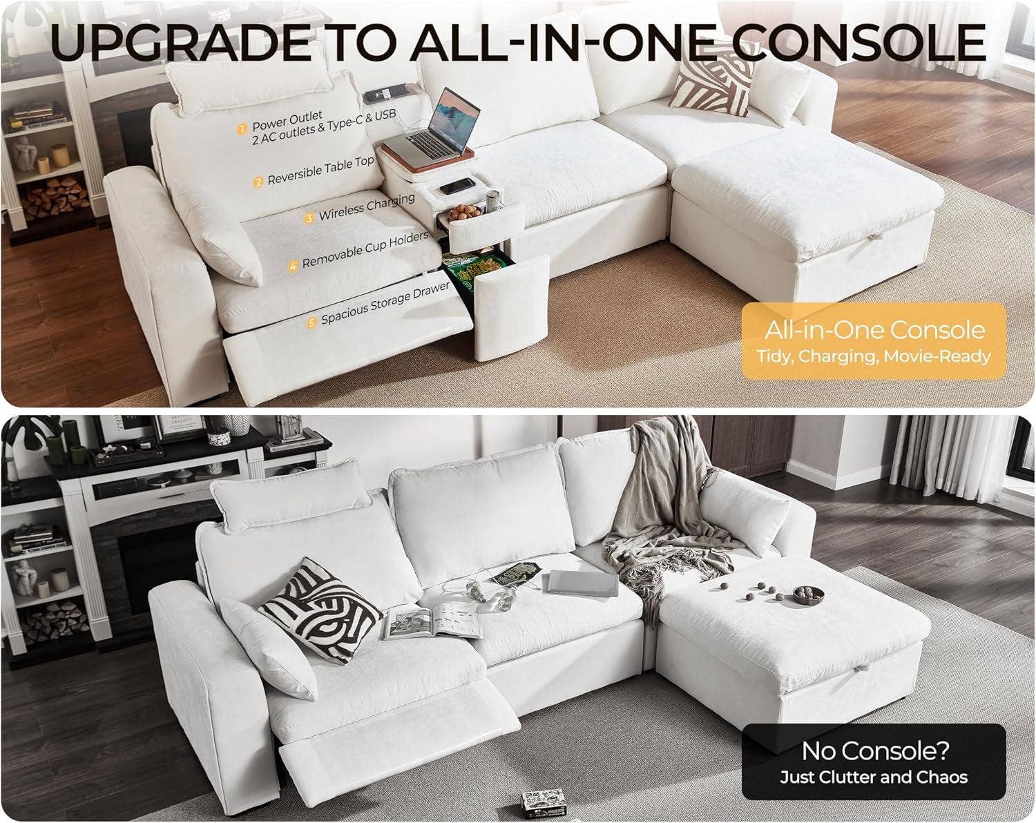 102.8 Inch White Chenille Power Recliner Sofa With Headrest Storage USB Table Wall Hugger for wholesale on Faire6