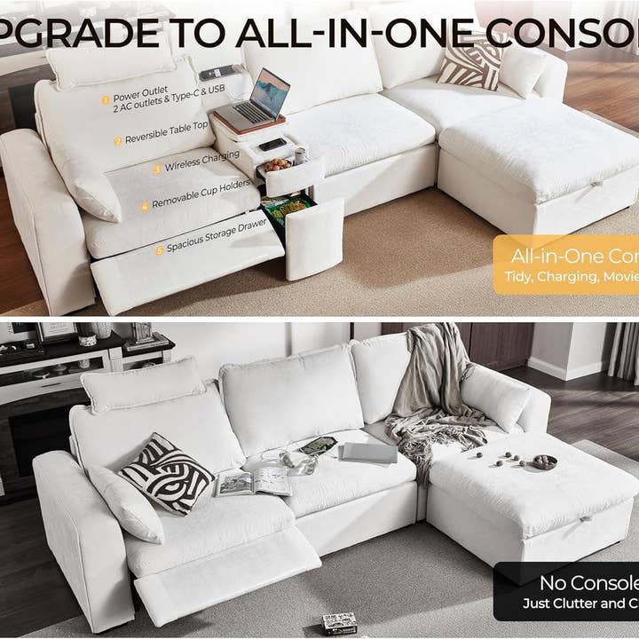 102.8 Inch White Chenille Power Recliner Sofa With Headrest Storage USB Table Wall Hugger for wholesale on Faire6