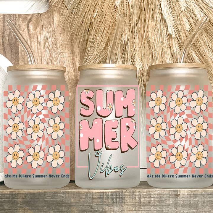 Kate Haven - Wholesale Drinking Glass/Cup - Pink Summer Vibes 16oz Frosted Libbey Glass Tumbler