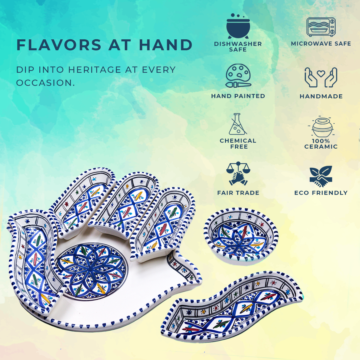 Kamsah - Vente Assiettes/plats/bols de décoration - Ensemble de trempage et de service en céramique Hamsa bleu bohème fait main7