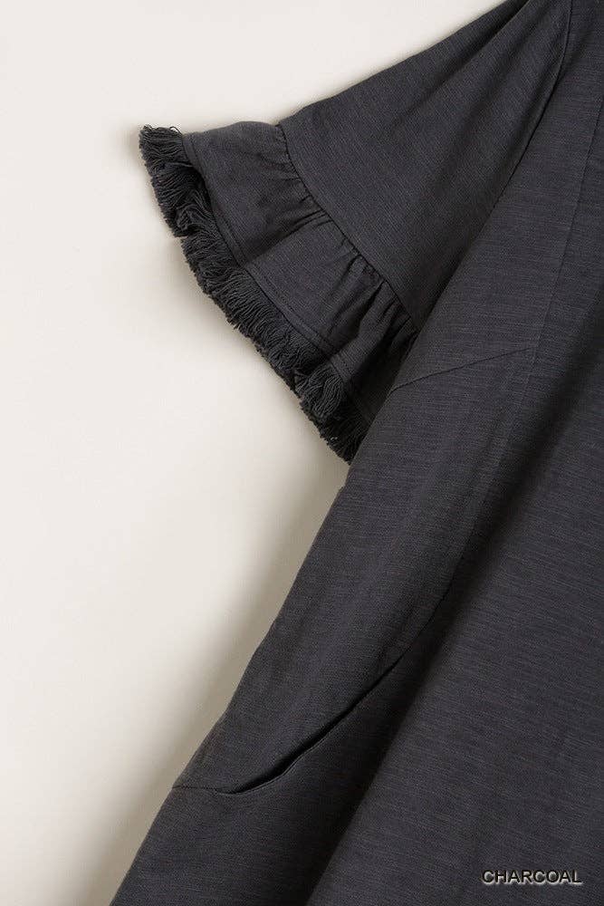 CC Wholesale Clothing - Wholesale Dress - Women's - Short Ruffle Frayed Hem and Round Neck Dress With Pockets1