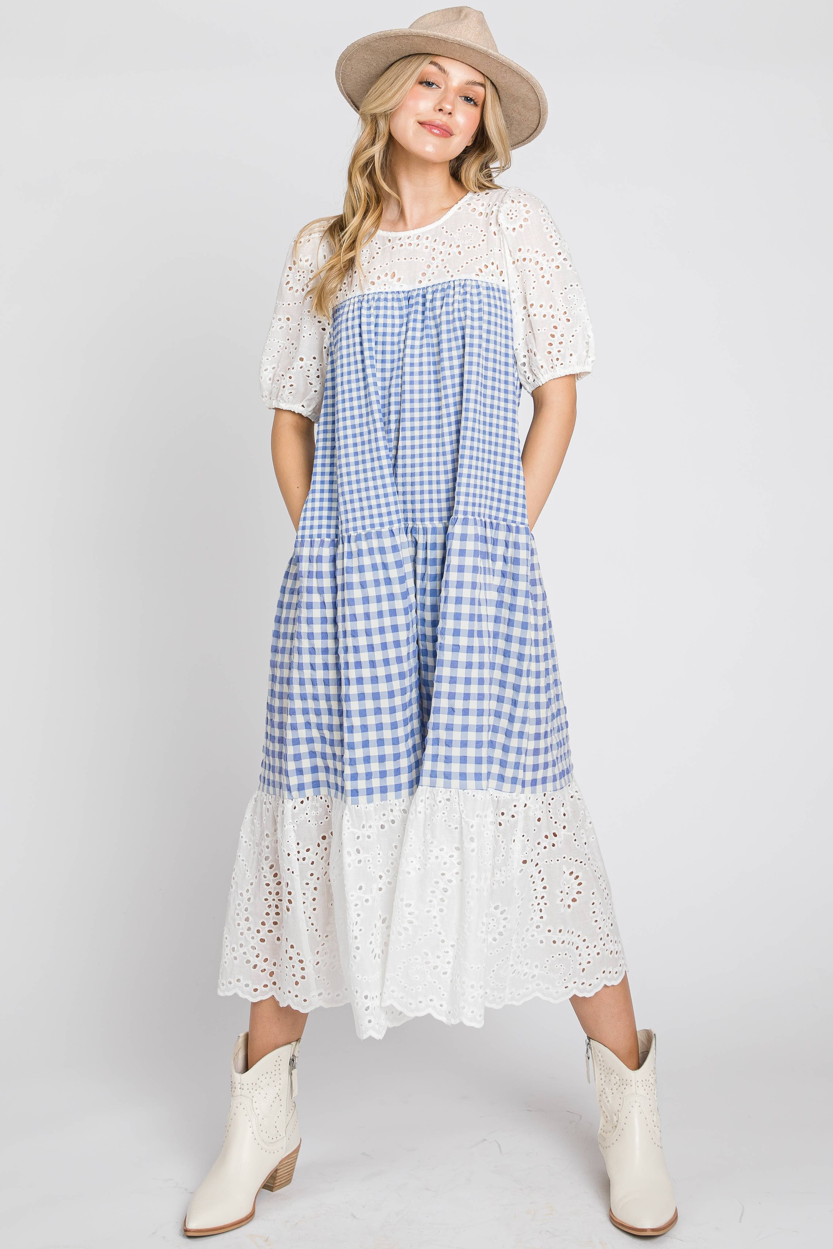 ELLEBORN - Wholesale Dress - Women's - Gingham with cotton eyelet midi dress  3127D-21