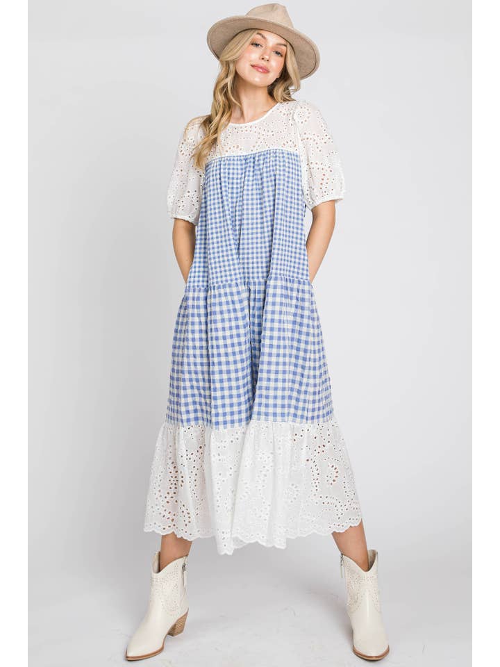 ELLEBORN - Wholesale Dress - Women's - Gingham with cotton eyelet midi dress 3127D-21
